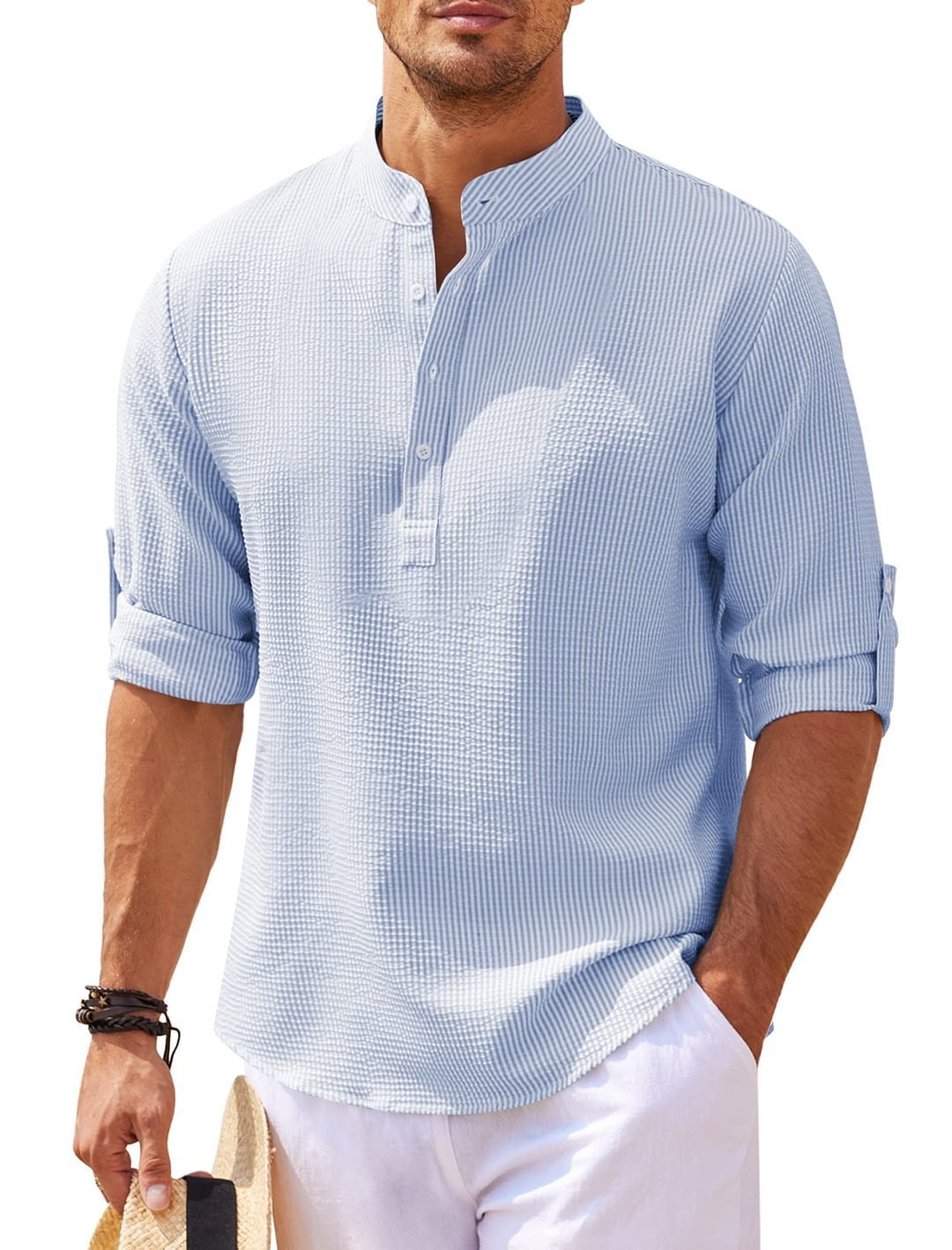 Men's Casual Shirt Long Sleeve Stand Collar Solid Color Shirt Mens Clothing - The Nex Store