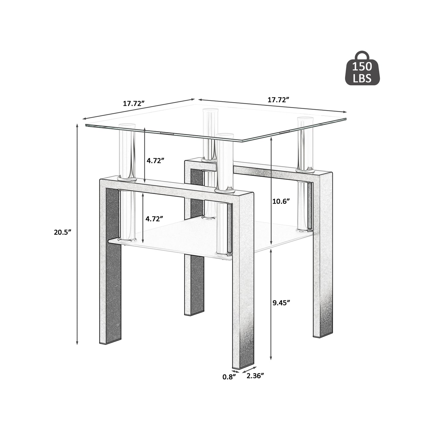 1-Piece Modern Tempered Glass Tea Table Coffee Table End Table, Square Table for Living Room, Transparent/Black - The Nex Store