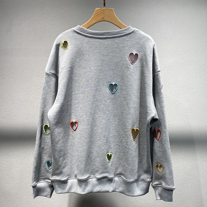 Small niche autumn and winter new grey round neck hollow out heart embroidered long sleeved hoodie for women - The Nex Store