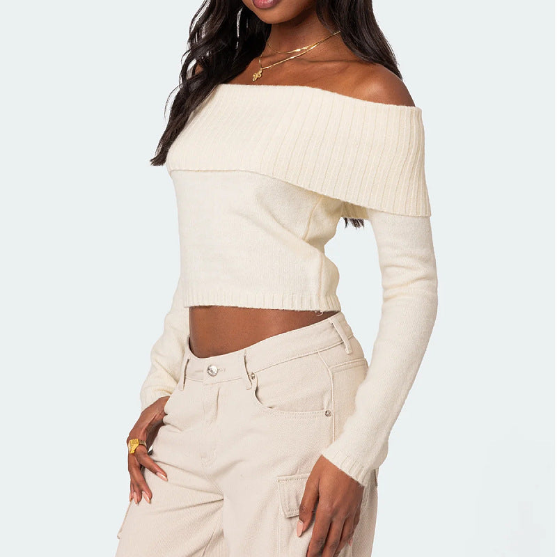 Autumn and Winter New Top Women's Solid Color One Piece Collar Off Shoulder Long Sleeve Hoodie Sweater for Women - The Nex Store