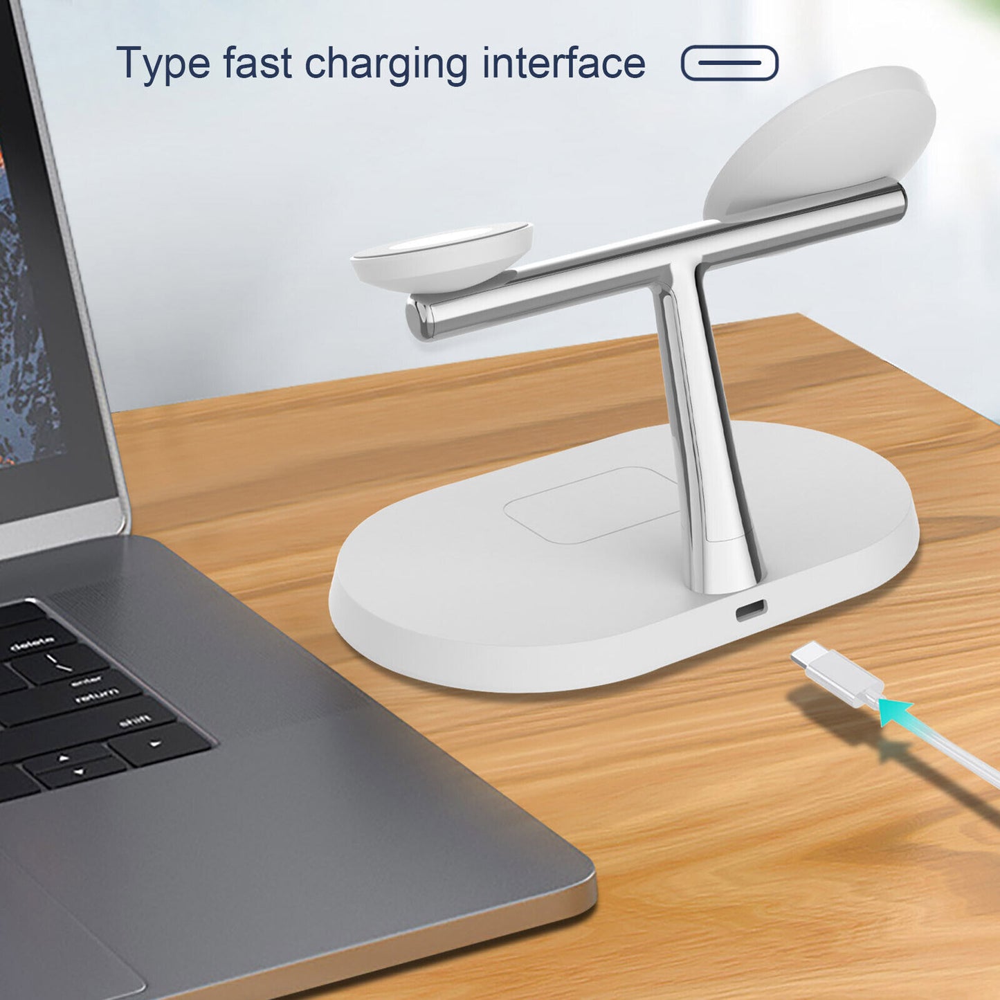 3in1 magnetic wireless charger stand for iPhone, Apple Watch, and AirPods on a wooden desk
