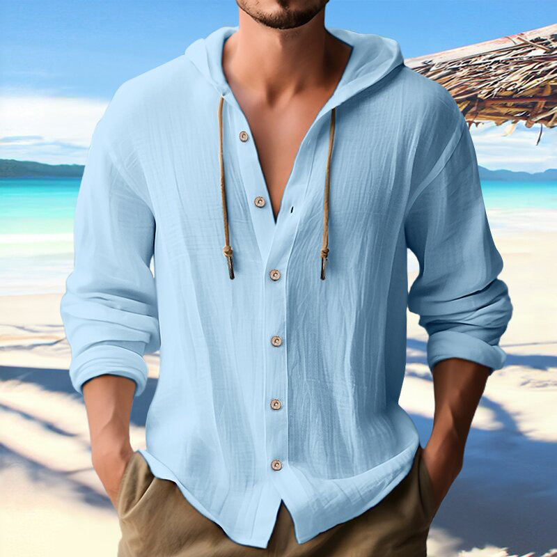 Cotton And Linen Shirt Hooded Sweater Button Long Sleeve - The Nex Store