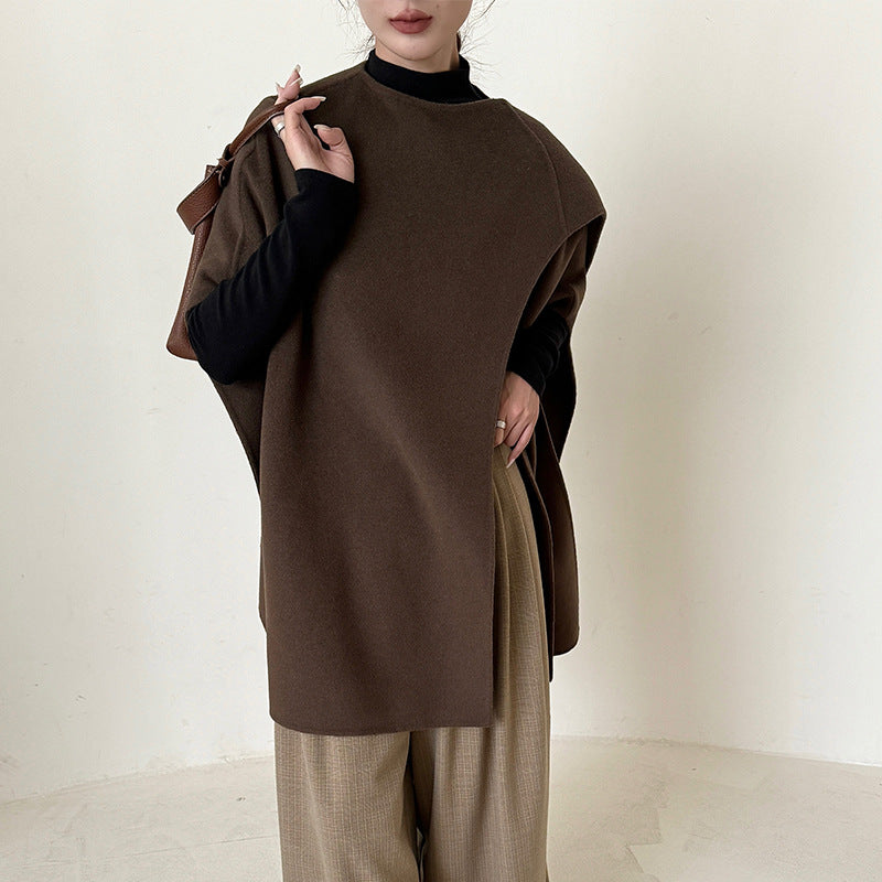 Women's woolen overcoat with a simple style and a sense of high class featuring a top cloak and shawl - The Nex Store