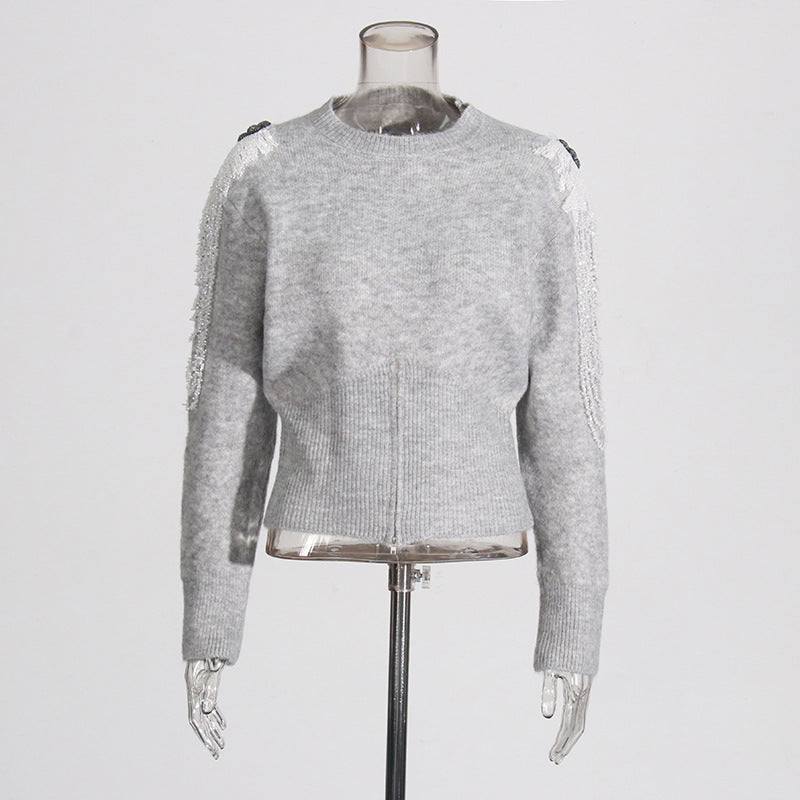 Elegant temperament, solid color waist cinched knit sweater, nail bead chain design, round neck pullover sweater for women - The Nex Store