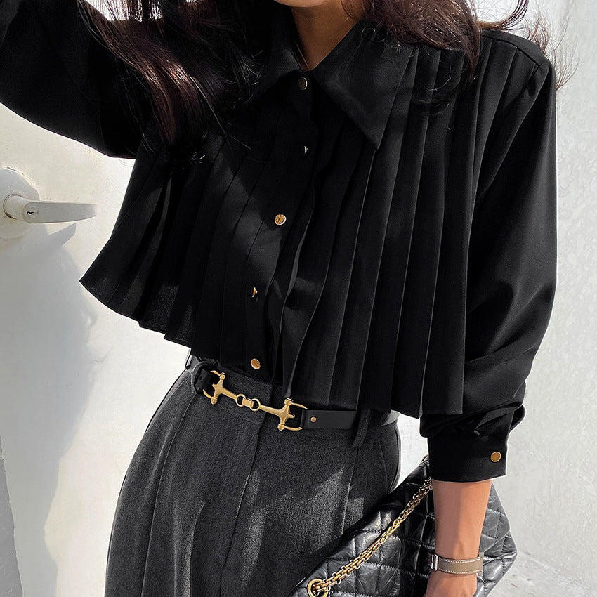 Early autumn pleated French white shirt women's long sleeved chiffon top commuting professional women's clothing - The Nex Store