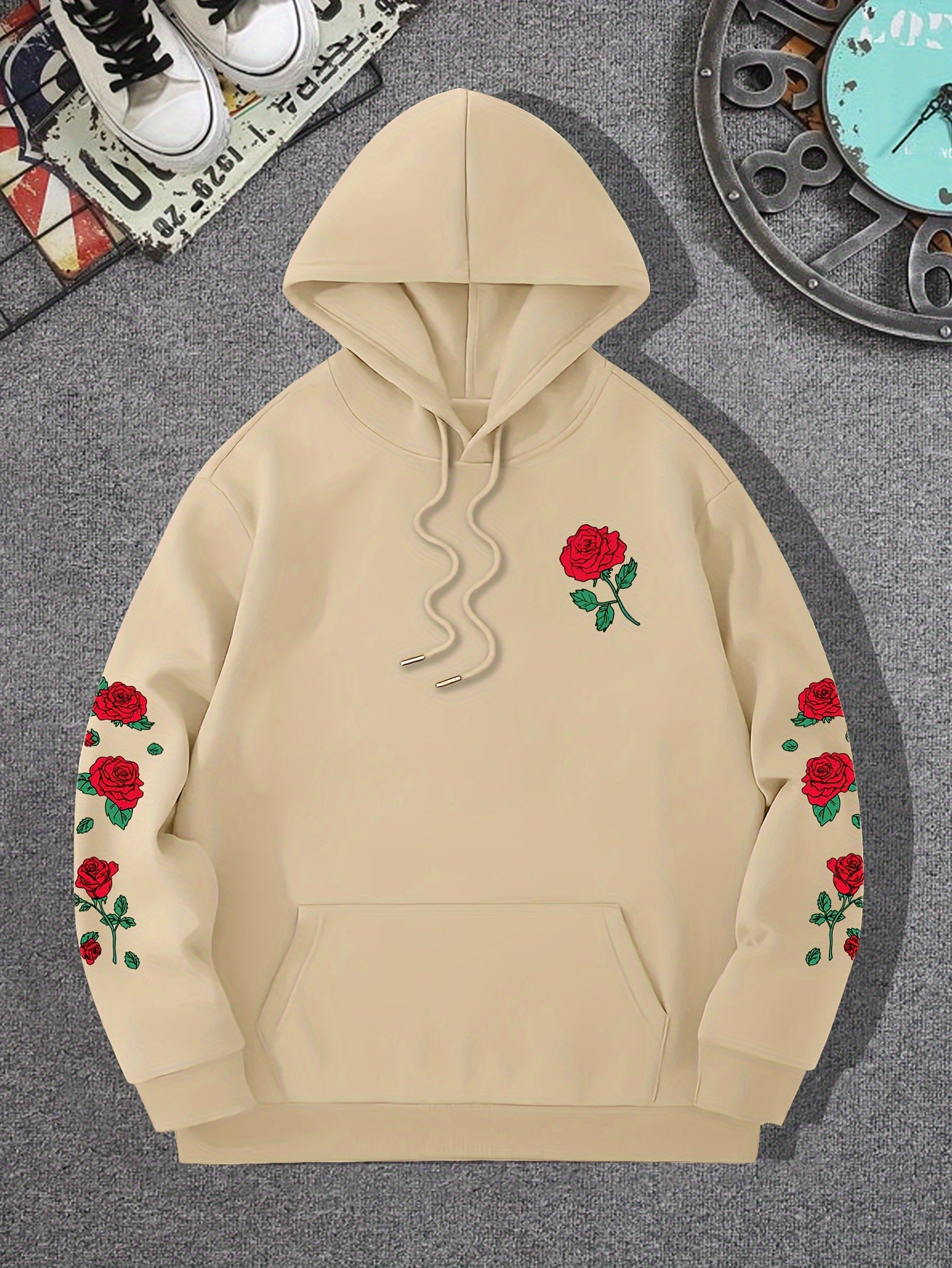 New printed red rose off shoulder sweatshirt casual street men's and women's sportswear pullover loose hoodie - The Nex Store