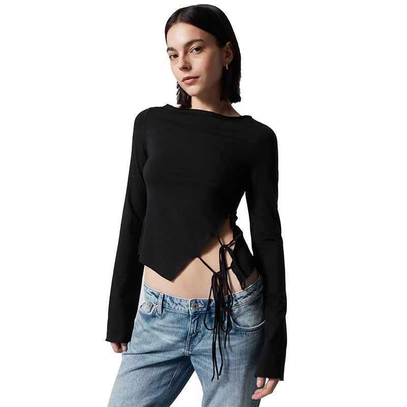 Women's Crew Neck Ruffle Trim Solid Side Tie T-Shirt Top - The Nex Store