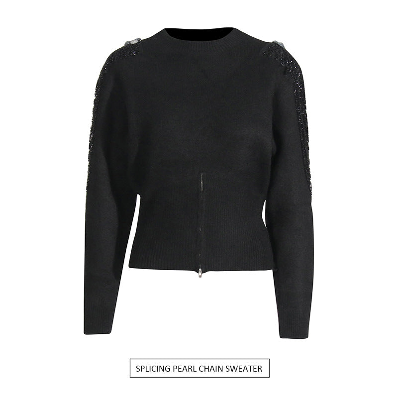 Elegant temperament, solid color waist cinched knit sweater, nail bead chain design, round neck pullover sweater for women - The Nex Store