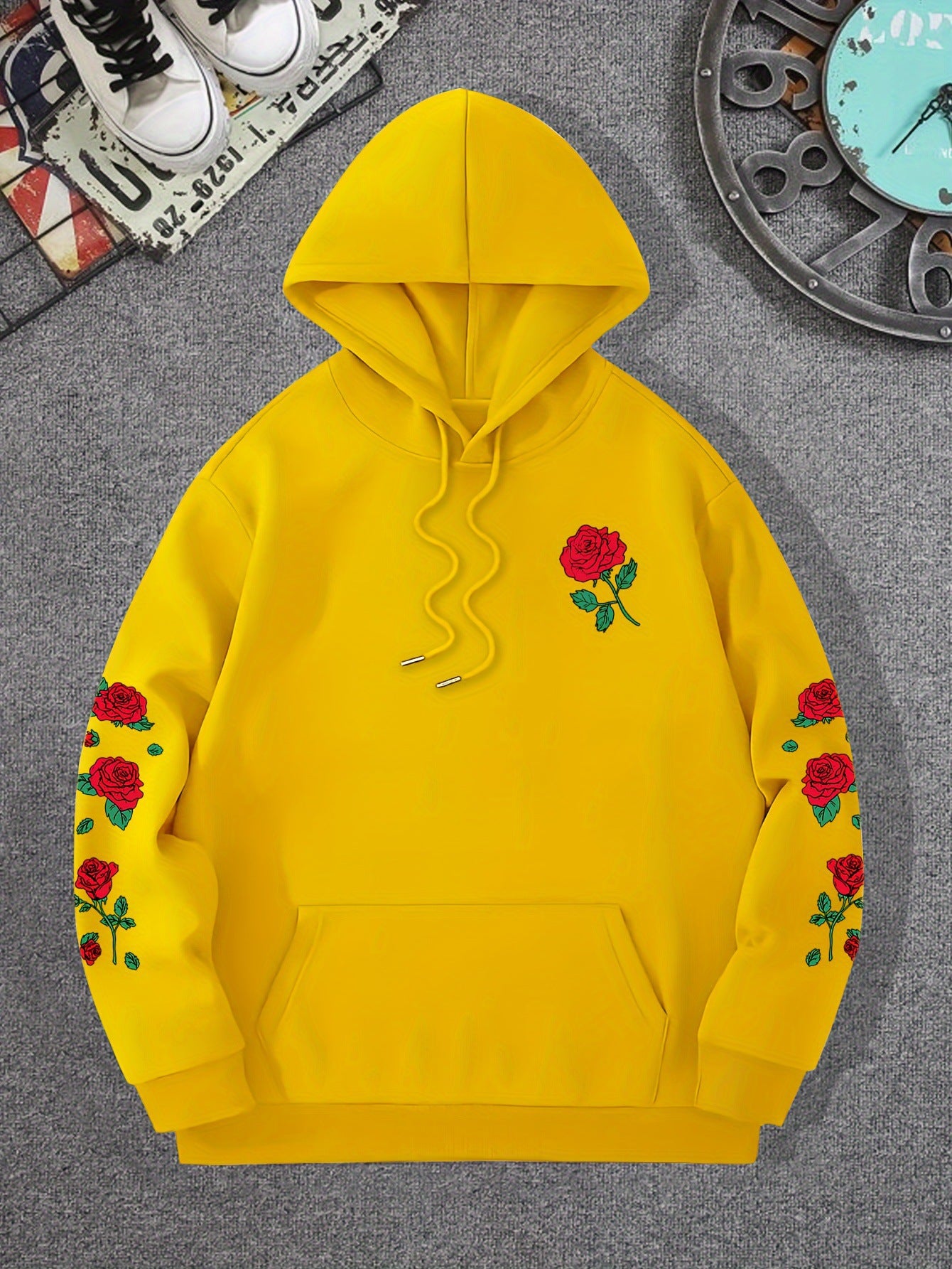 New printed red rose off shoulder sweatshirt casual street men's and women's sportswear pullover loose hoodie - The Nex Store
