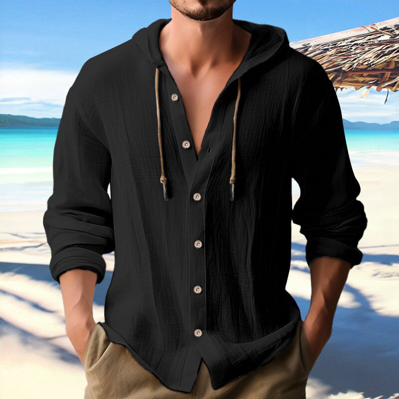 Cotton And Linen Shirt Hooded Sweater Button Long Sleeve - The Nex Store
