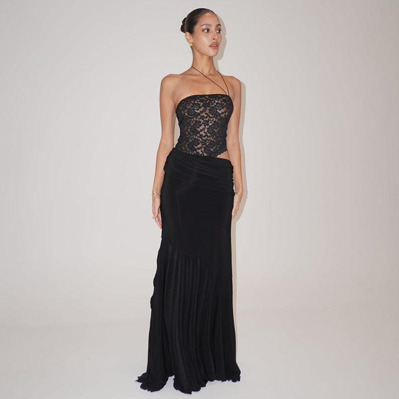 Women's Fine Strap Oblique Neck Lace Hollow-out Long Dress - The Nex Store