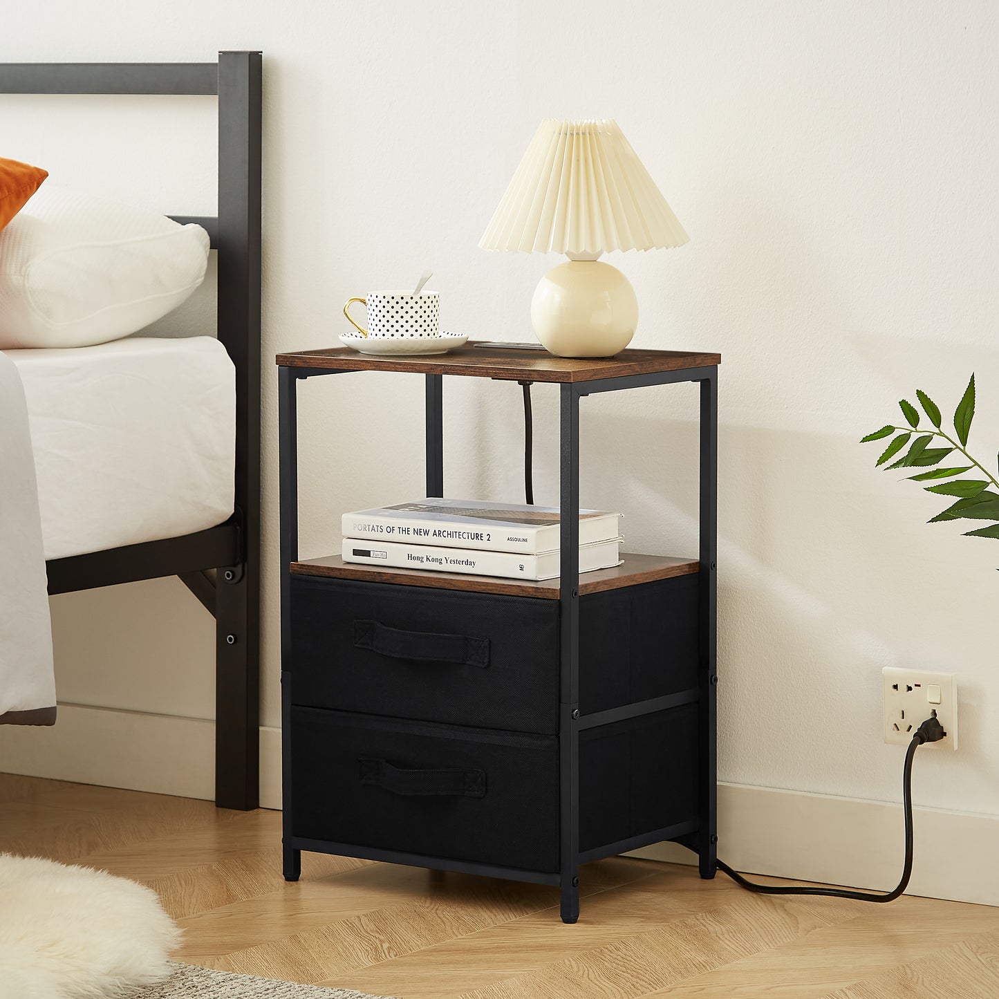 Tea table with charging station, bedside table with USB port, socket and cloth bag, 2 drawers - The Nex Store