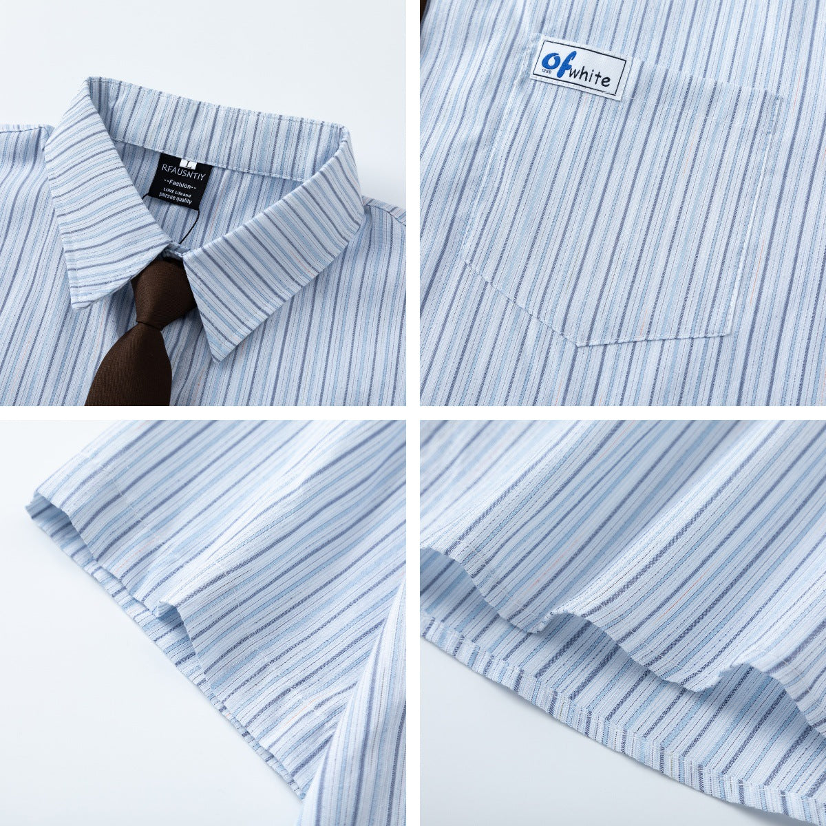Striped Short-Sleeved Shirt Unisex College Style Loose Fit All-Match Dress Shirt with Tie - The Nex Store
