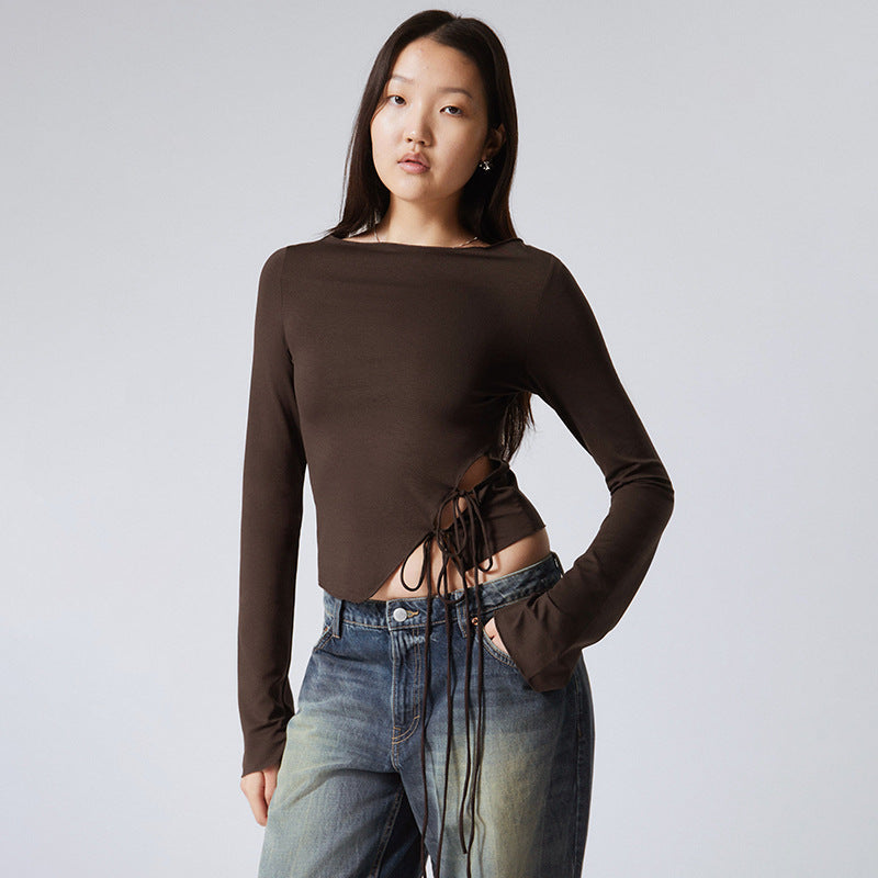 Women's Crew Neck Ruffle Trim Solid Side Tie T-Shirt Top - The Nex Store