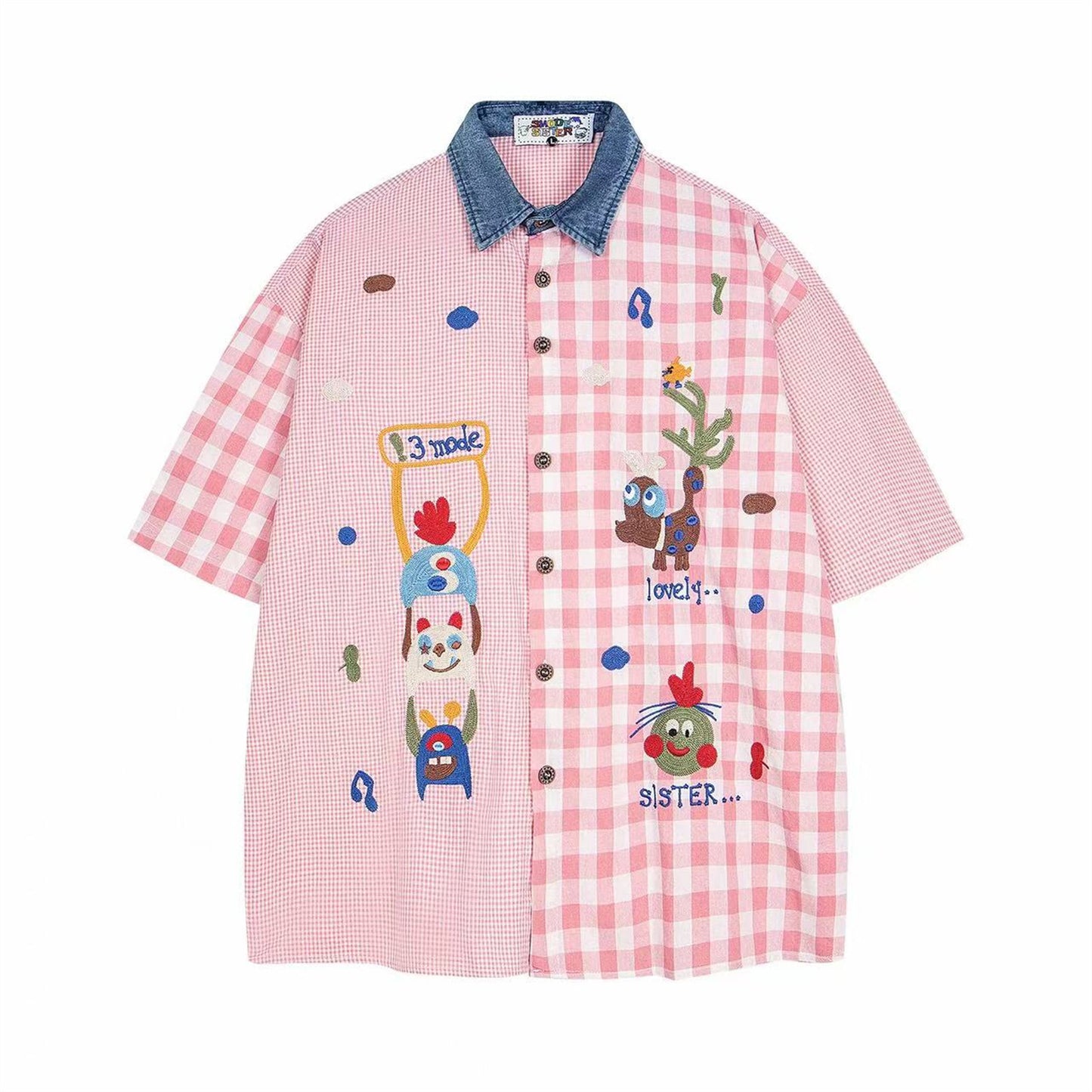 Splicing Fun Embroidery Short Sleeve Shirt Unisex Casual Loose Couple Leisure Shirt - The Nex Store
