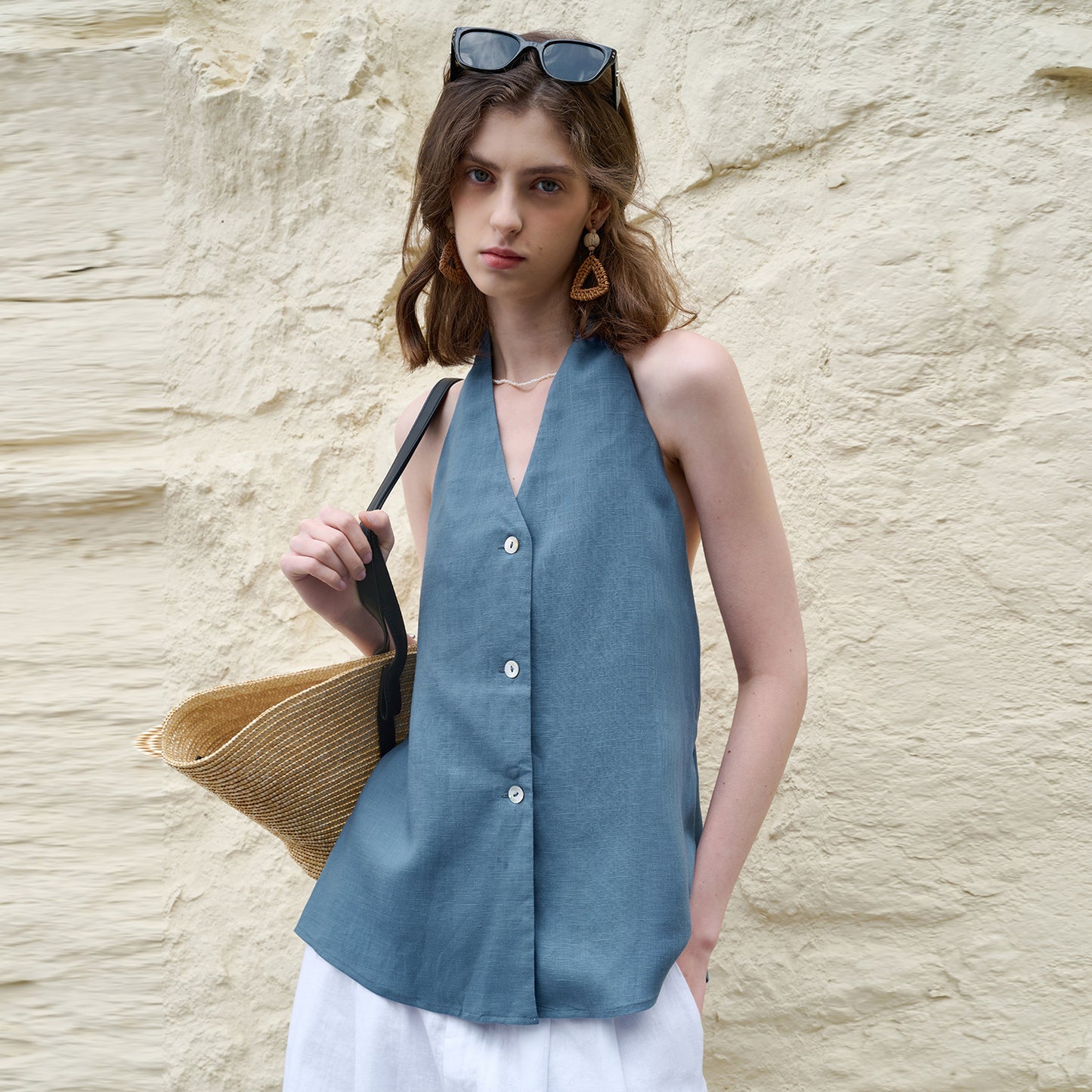 Elegant Retro V-Neck Halter Strapless Top Women Tencel Linen Large Backless Tie Sleeveless Blouse Linen Sexy Camisole Summer - The Nex Store