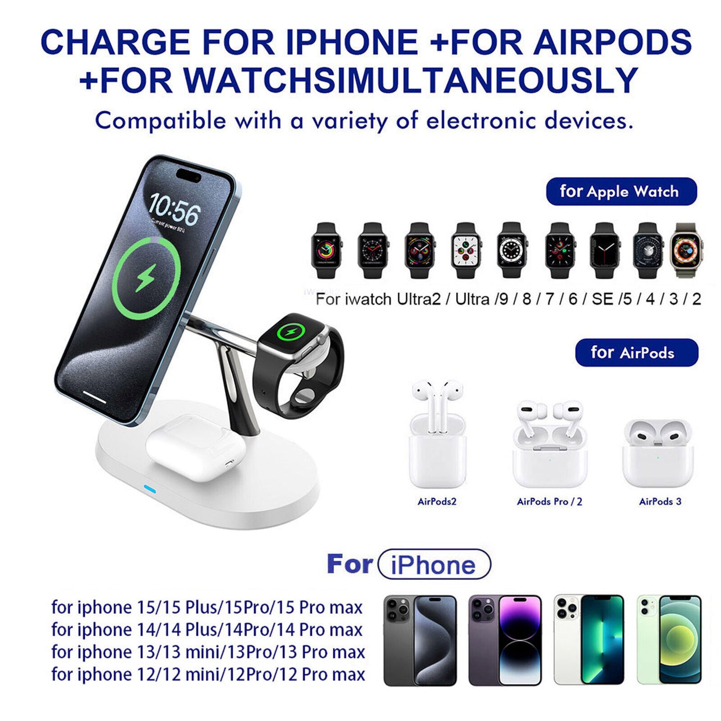 3-in-1 magnetic wireless charger stand for iPhone, Apple Watch, and AirPods, showcasing compatibility with multiple devices.