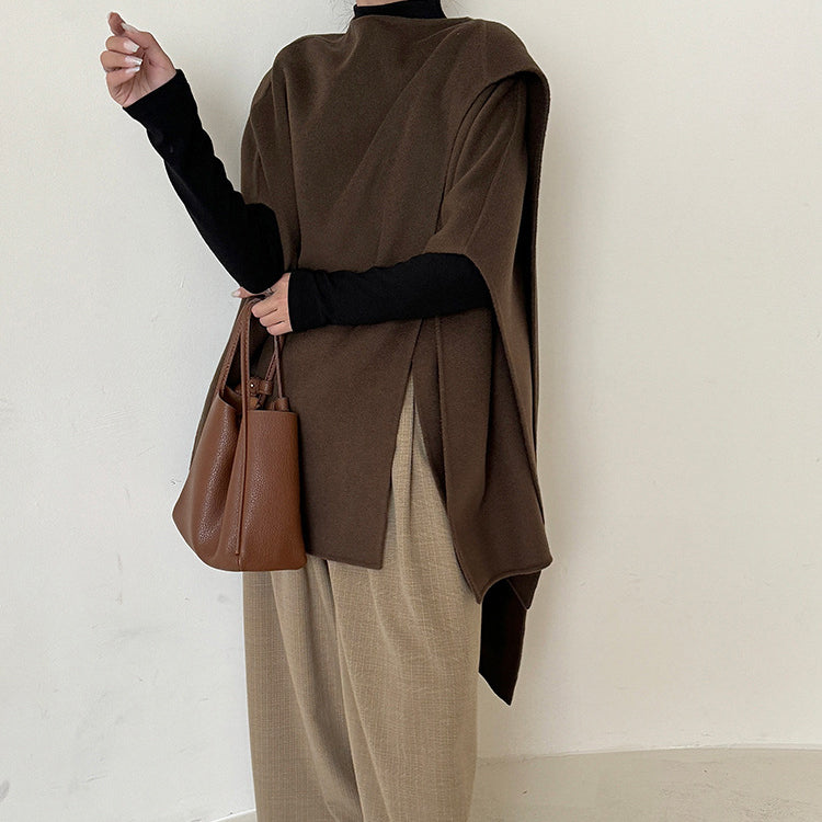 Women's woolen overcoat with a simple style and a sense of high class featuring a top cloak and shawl - The Nex Store