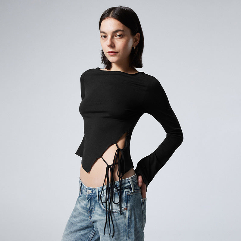 Women's Crew Neck Ruffle Trim Solid Side Tie T-Shirt Top - The Nex Store