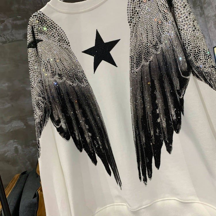 Autumn and winter luxury fashion hoodie for men and women, heavy-duty hot stamping, full diamond, large wings, wings, round neck pullover, couple style - The Nex Store
