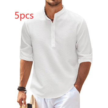 Men's Casual Shirt Long Sleeve Stand Collar Solid Color Shirt Mens Clothing - The Nex Store