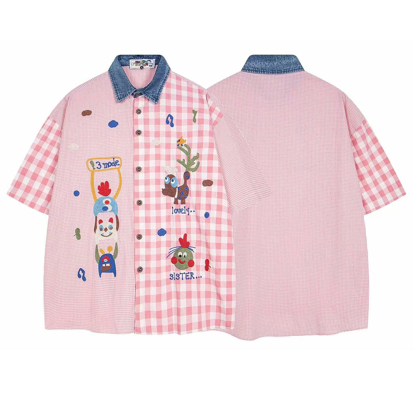 Splicing Fun Embroidery Short Sleeve Shirt Unisex Casual Loose Couple Leisure Shirt - The Nex Store