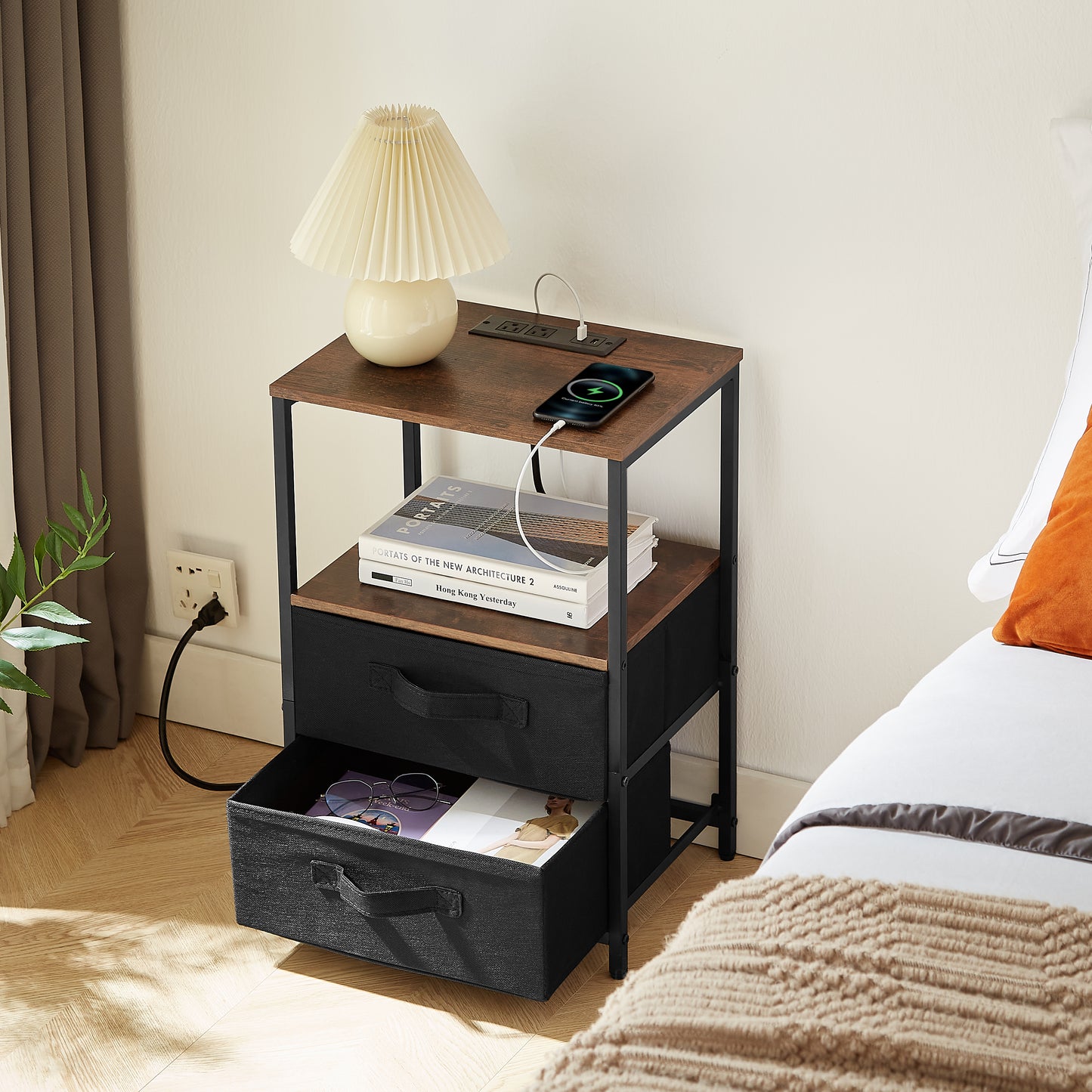 Tea table with charging station, bedside table with USB port, socket and cloth bag, 2 drawers - The Nex Store
