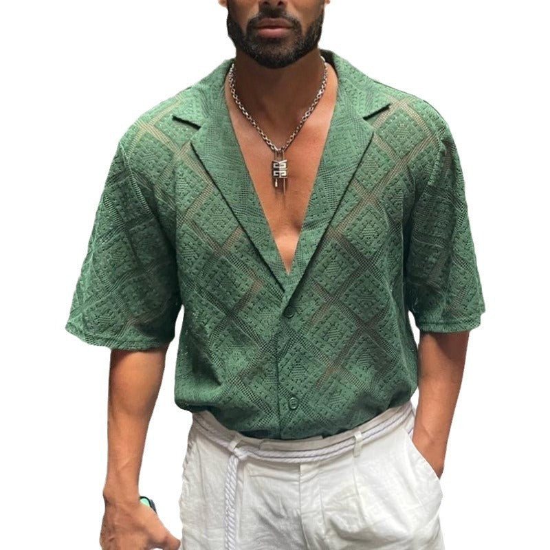 Fashion Mens Clothing Men's Hollow-out Breathable Short-sleeved Lapel Casual Shirt - The Nex Store
