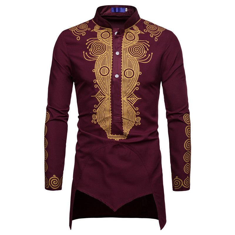 Long sleeved regular black youth all season universal stand up collar casual printed men's shirt - The Nex Store