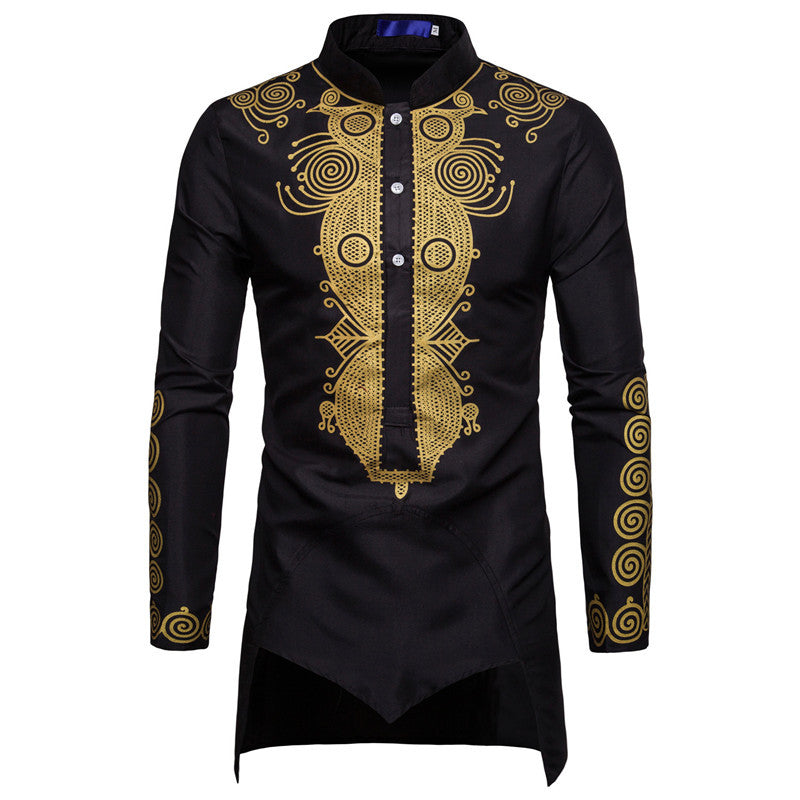 Long sleeved regular black youth all season universal stand up collar casual printed men's shirt - The Nex Store