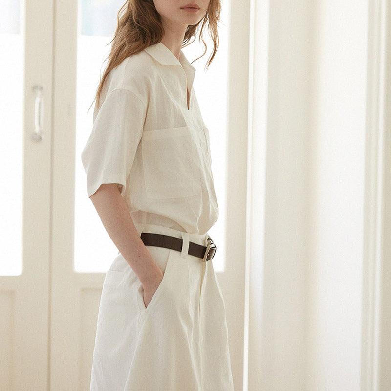 Linen Shirt V-neck Loose Women's High-end Blouse Summer Wide Silhouette Short-sleeved Turn-down Collar Top - The Nex Store
