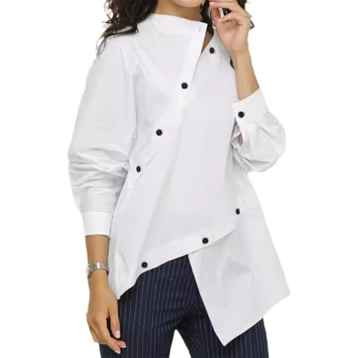 European and American women's fashion personalized button asymmetrical women's shirt long sleeved casual sloping collar top - The Nex Store