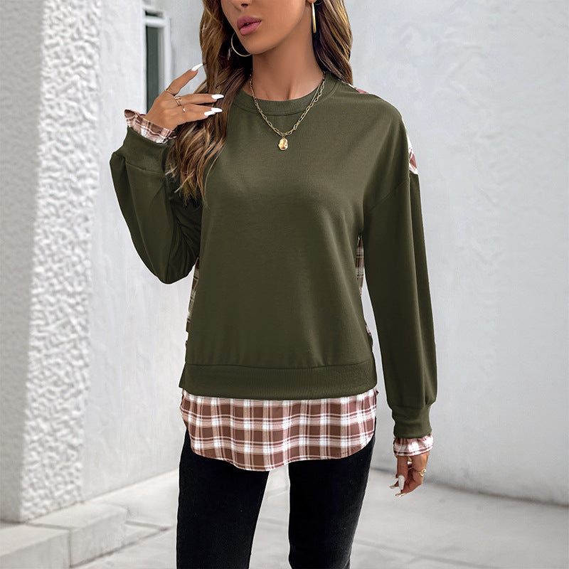 Grid stitched round neck pullover hoodie for women - The Nex Store