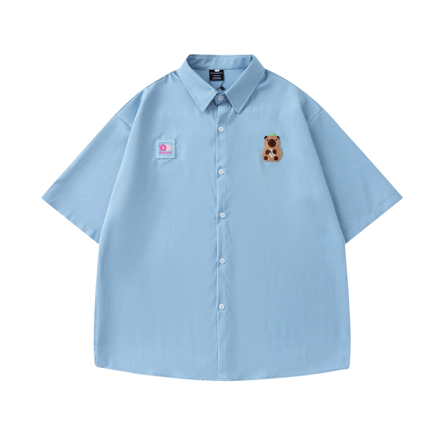 Retro Cute Cartoon Embroidery Short Sleeve Shirt Men's Design Loose Fit All-Match Couple Shirt - The Nex Store