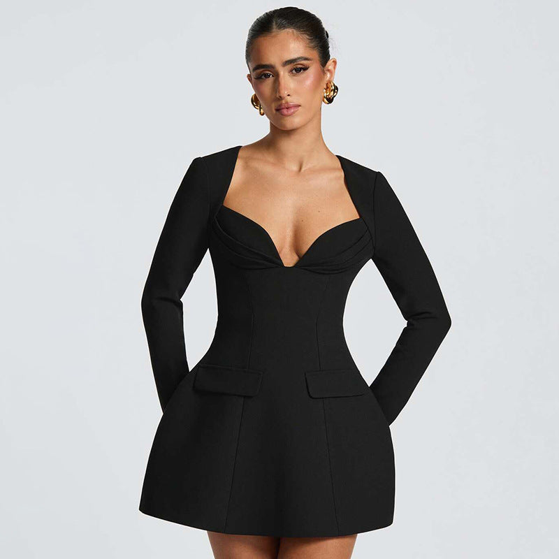 Women's Deep V-neck Solid Color Cap Sleeve Fake Pocket A-line Dress - The Nex Store