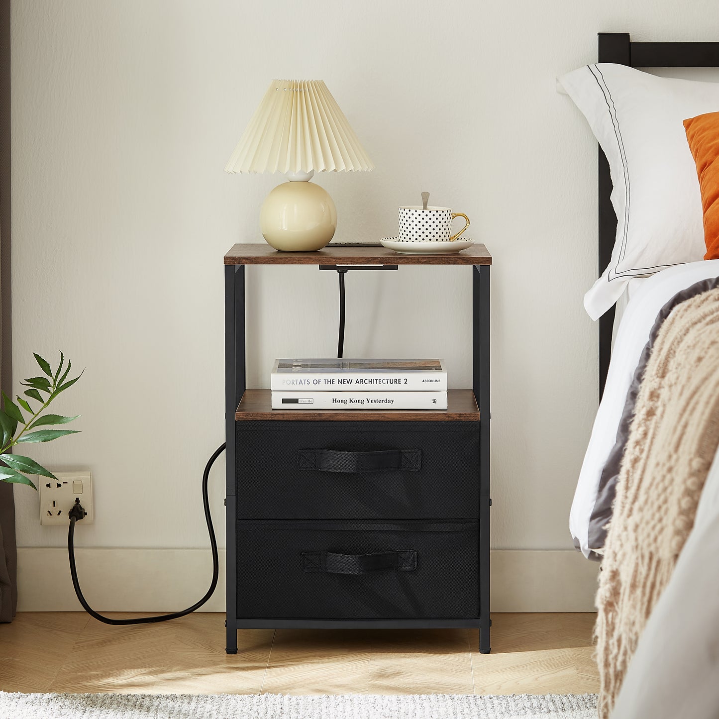 Tea table with charging station, bedside table with USB port, socket and cloth bag, 2 drawers - The Nex Store