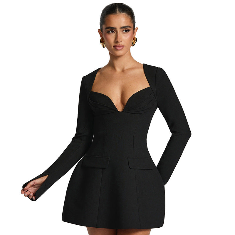 Women's Deep V-neck Solid Color Cap Sleeve Fake Pocket A-line Dress - The Nex Store