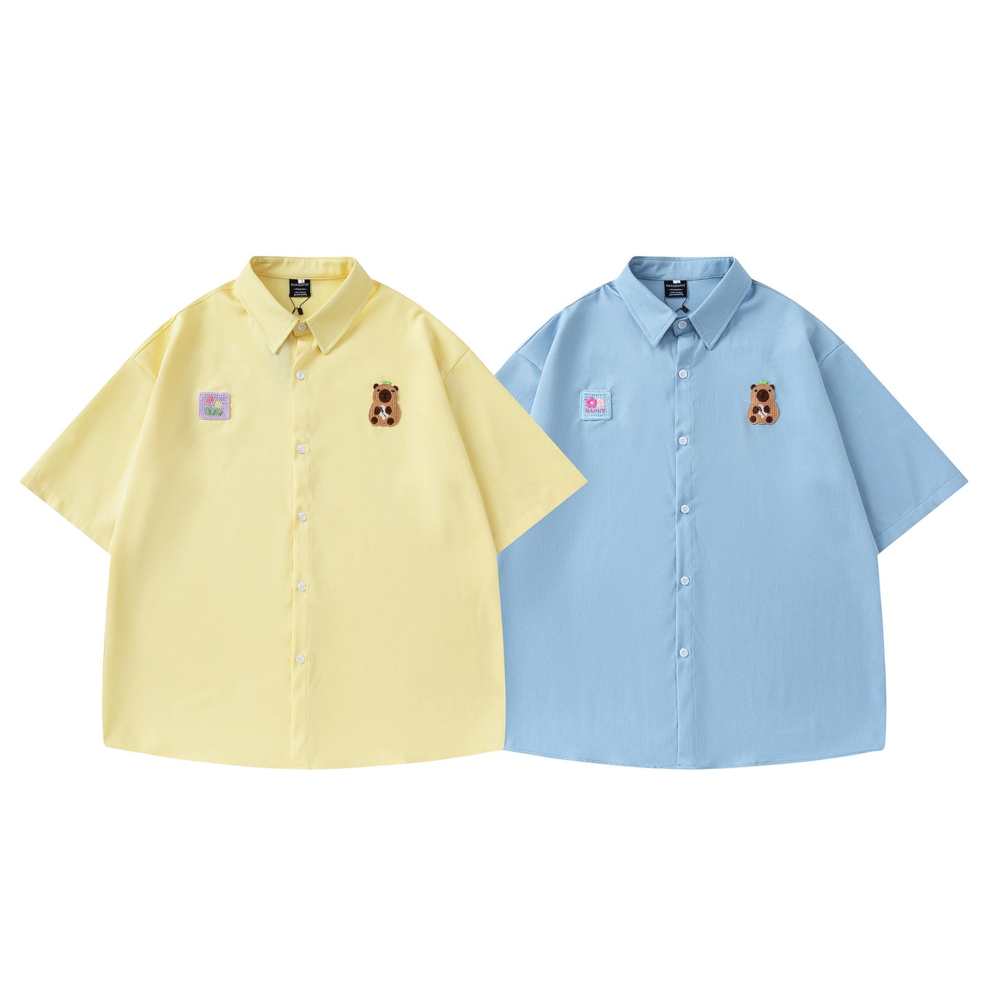 Retro Cute Cartoon Embroidery Short Sleeve Shirt Men's Design Loose Fit All-Match Couple Shirt - The Nex Store