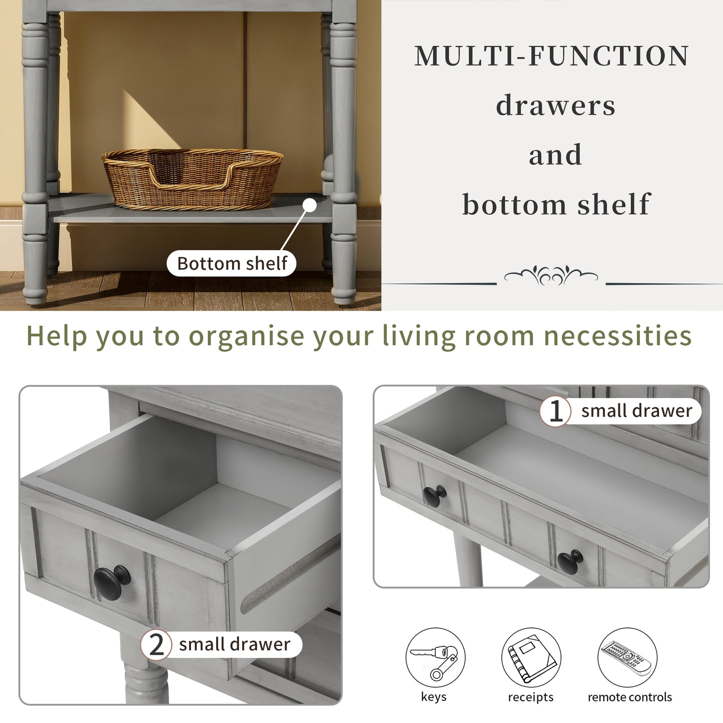 TREXM Narrow Console Desk, Thin Sofa Table with Three Storage Drawers and Living Room Bottom Shelves (Grey Washed) - The Nex Store