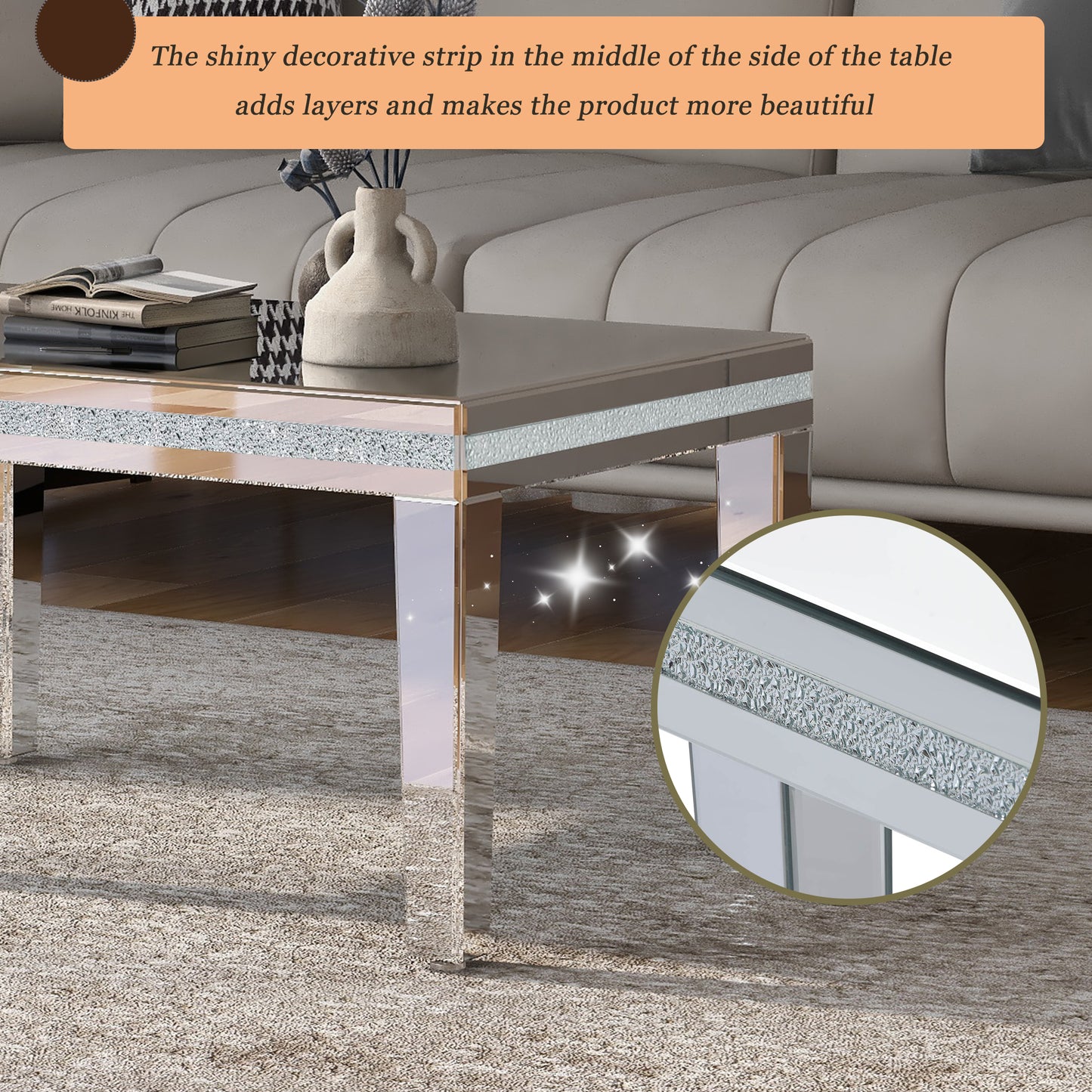 The ON-TRANS stylish modern glass mirrored coffee table features a crystal design and adjustable height legs in silver - The Nex Store