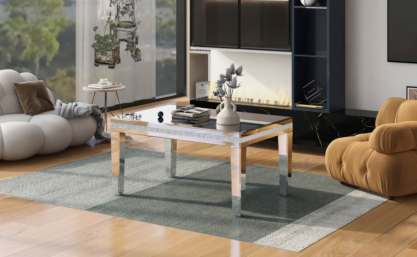 The ON-TRANS stylish modern glass mirrored coffee table features a crystal design and adjustable height legs in silver - The Nex Store