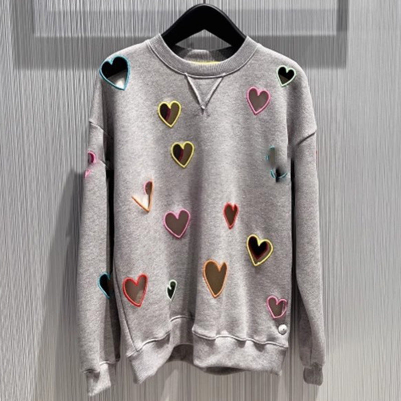 Small niche autumn and winter new grey round neck hollow out heart embroidered long sleeved hoodie for women - The Nex Store