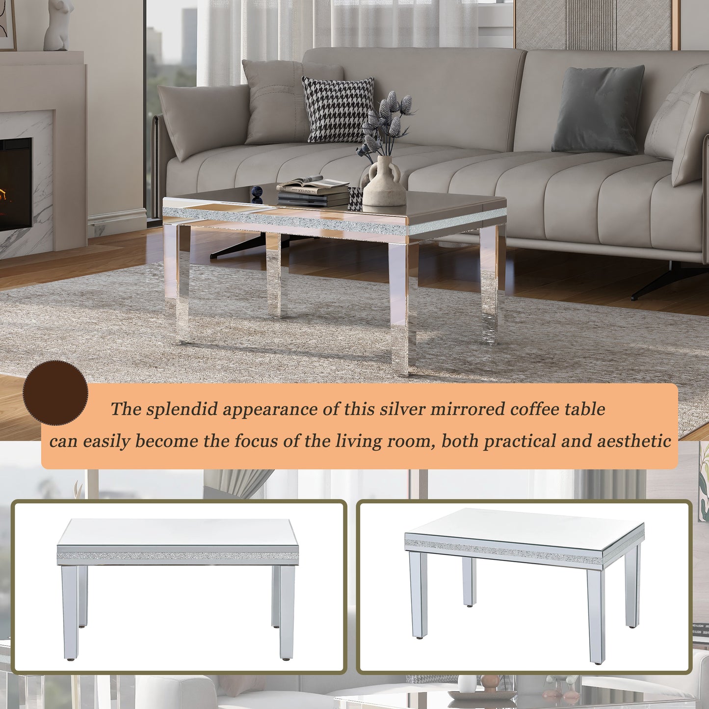 The ON-TRANS stylish modern glass mirrored coffee table features a crystal design and adjustable height legs in silver - The Nex Store