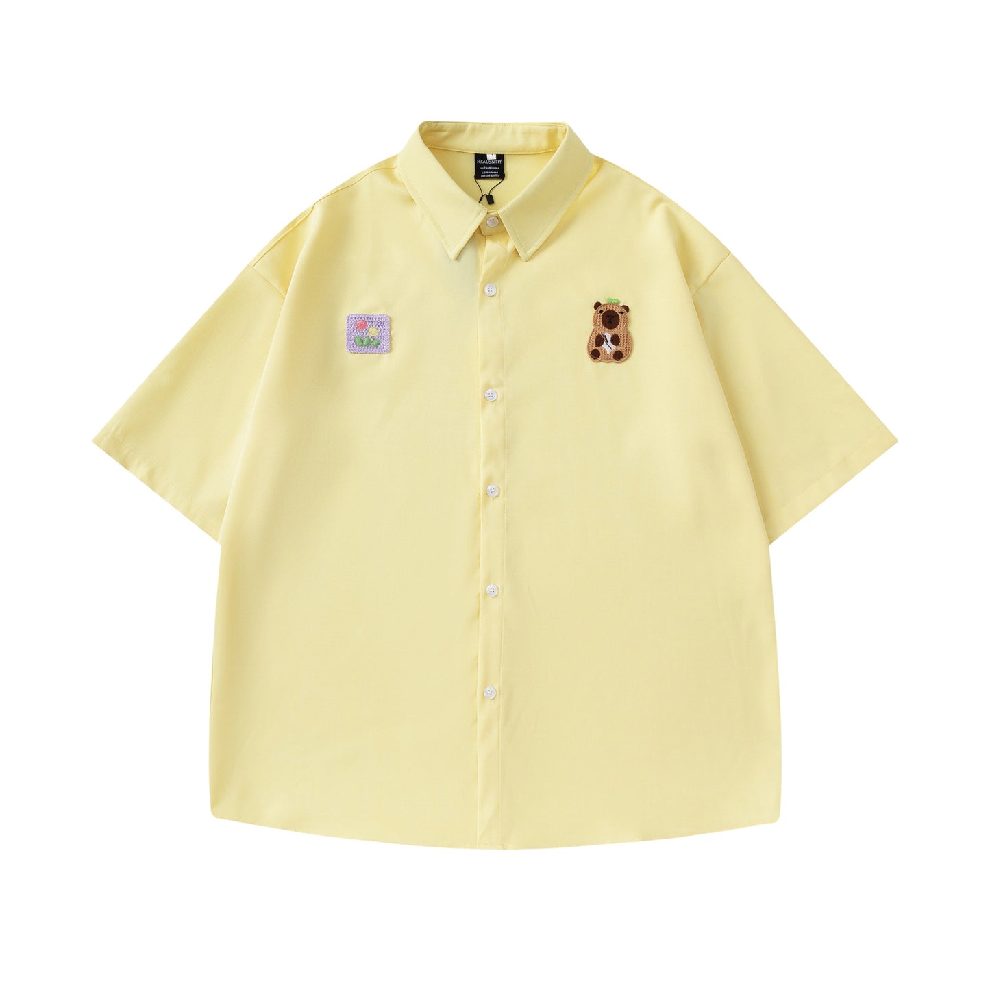 Retro Cute Cartoon Embroidery Short Sleeve Shirt Men's Design Loose Fit All-Match Couple Shirt - The Nex Store