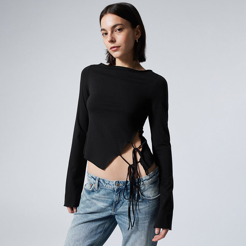 Women's Crew Neck Ruffle Trim Solid Side Tie T-Shirt Top - The Nex Store