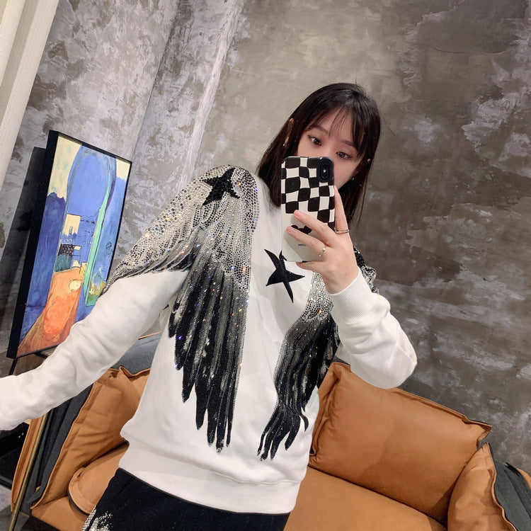 Autumn and winter luxury fashion hoodie for men and women, heavy-duty hot stamping, full diamond, large wings, wings, round neck pullover, couple style - The Nex Store