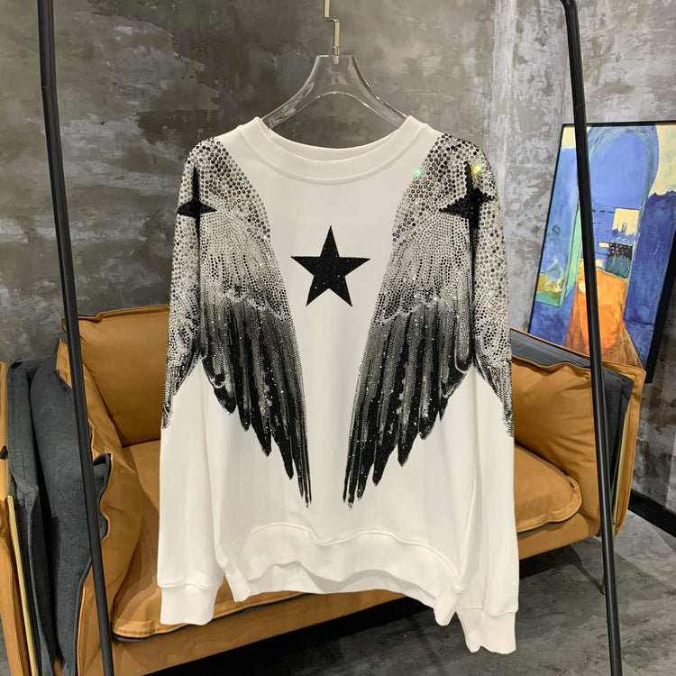 Autumn and winter luxury fashion hoodie for men and women, heavy-duty hot stamping, full diamond, large wings, wings, round neck pullover, couple style - The Nex Store