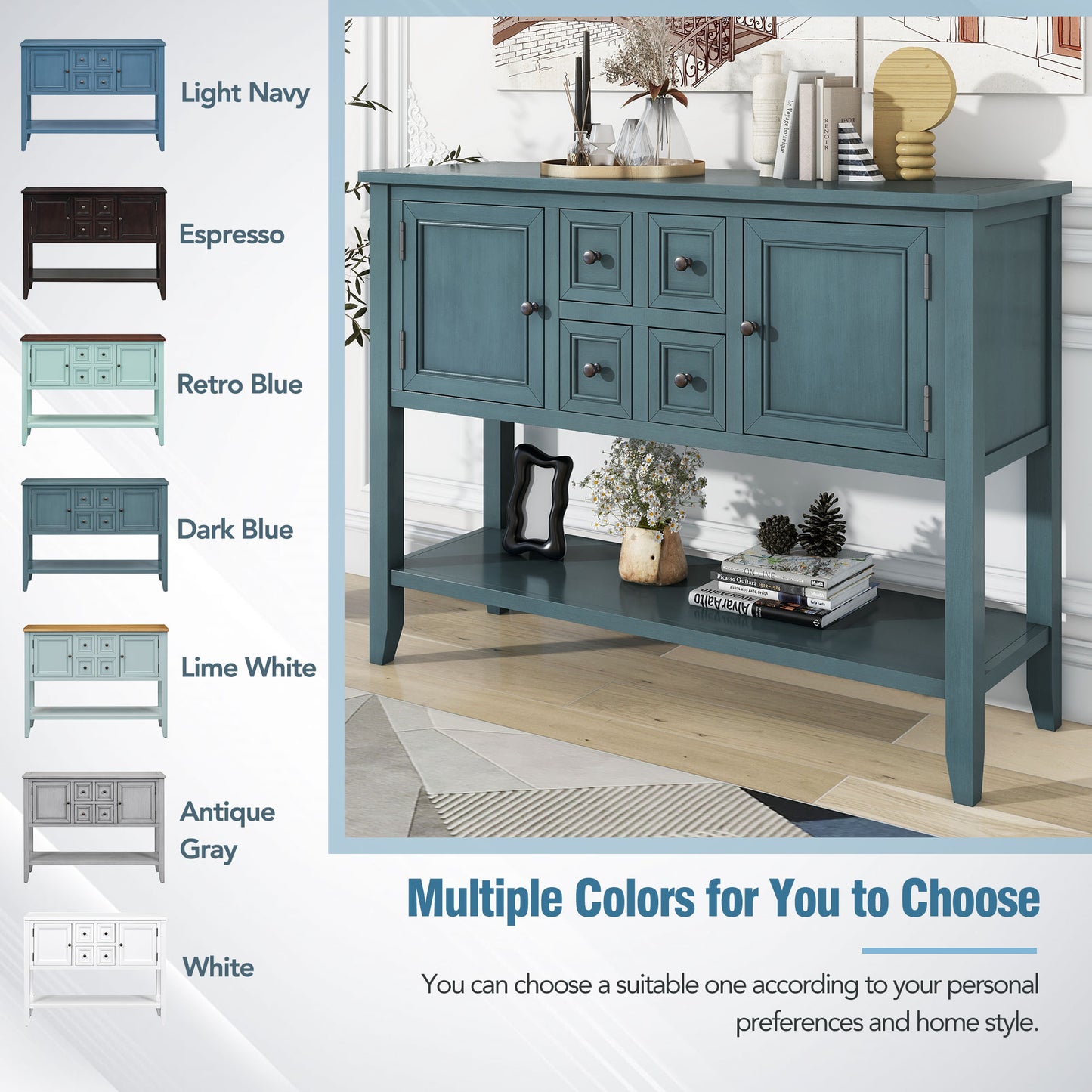 REXM Cambridge Series Spacious Storage Retro Console Desk with Four Small Drawers and Bottom Shelf - The Nex Store