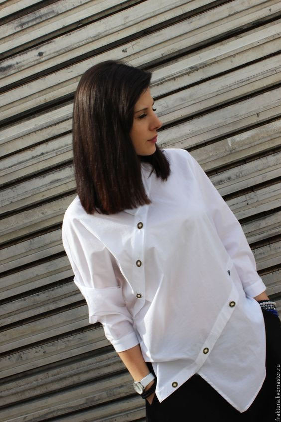European and American women's fashion personalized button asymmetrical women's shirt long sleeved casual sloping collar top - The Nex Store