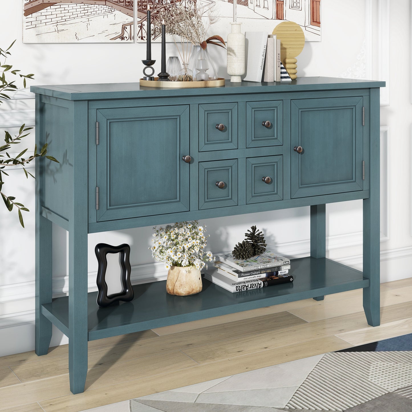 REXM Cambridge Series Spacious Storage Retro Console Desk with Four Small Drawers and Bottom Shelf - The Nex Store
